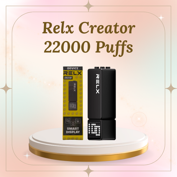 Relx Creator 22000 Puffs disposable vape with smart emoji pixel screen front view