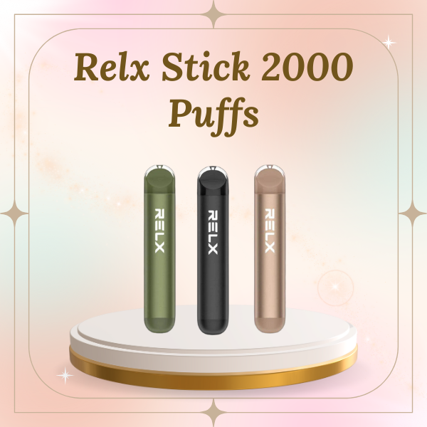 RELX Stick 2000 disposable vape device showing sleek aluminum body and flavor branding.