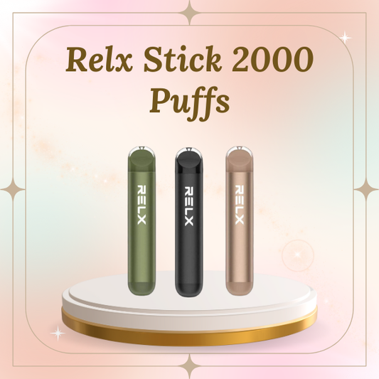 RELX Stick 2000 disposable vape device showing sleek aluminum body and flavor branding.